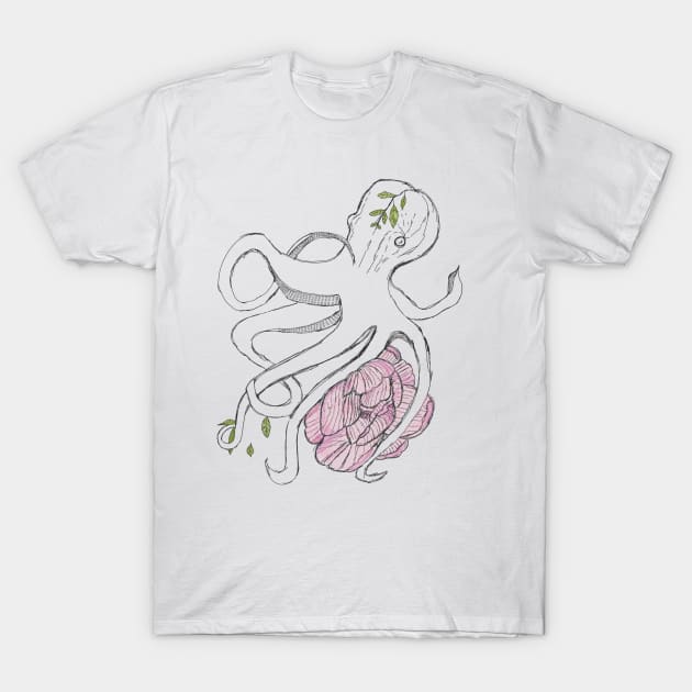 Octopus with pink peony T-Shirt by Carriefamous